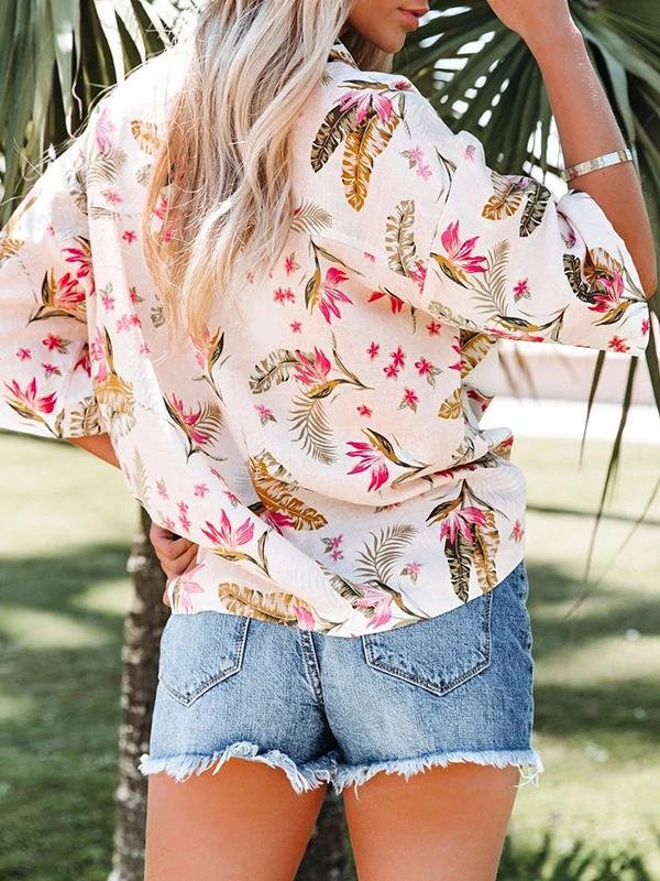 Floral Print Lapel Mid-sleeve Pocket Blouse - LuckyFash™