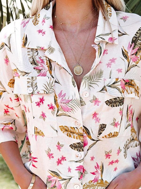 Floral Print Lapel Mid-sleeve Pocket Blouse - LuckyFash™