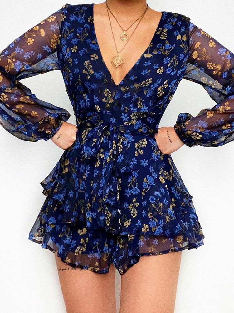 Floral Print Long Sleeve Strappy Rompers - LuckyFash™