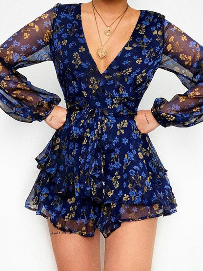 Floral Print Long Sleeve Strappy Rompers - LuckyFash™