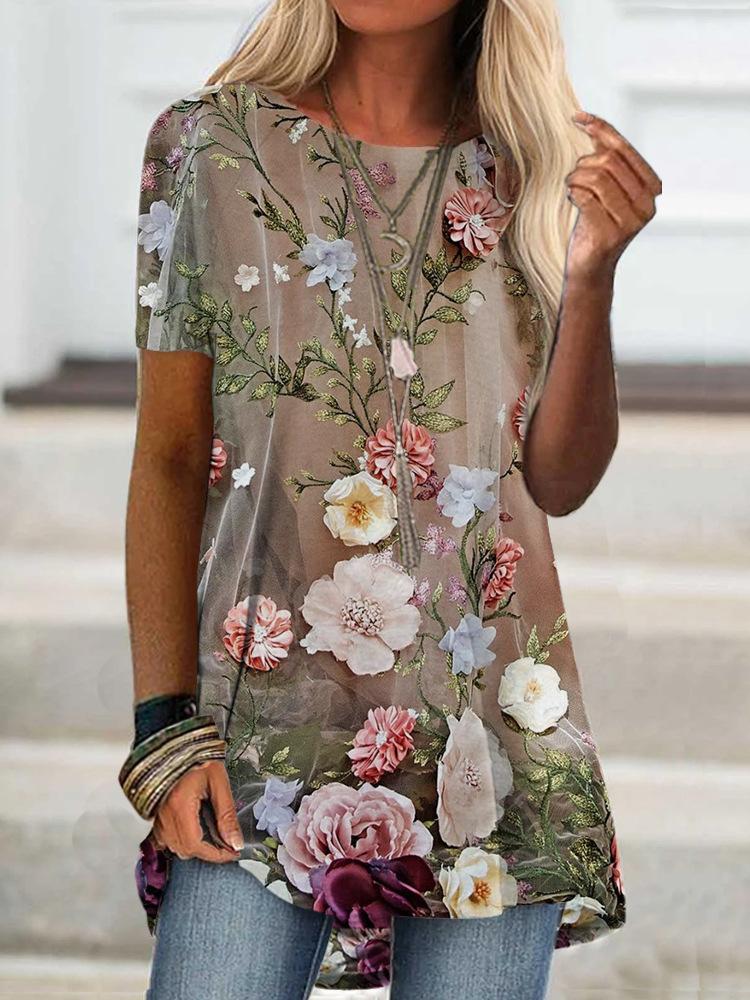 Floral Print Loose Short Sleeve Top - LuckyFash™