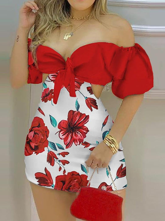Floral Print Off Shoulder Knotted Puff Sleeve Skorts Romper - LuckyFash™