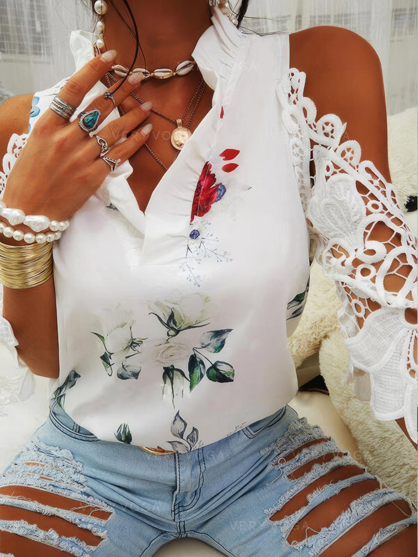 Floral Print Off-Shoulder Lace Stitching Long Sleeves Blouses - LuckyFash™