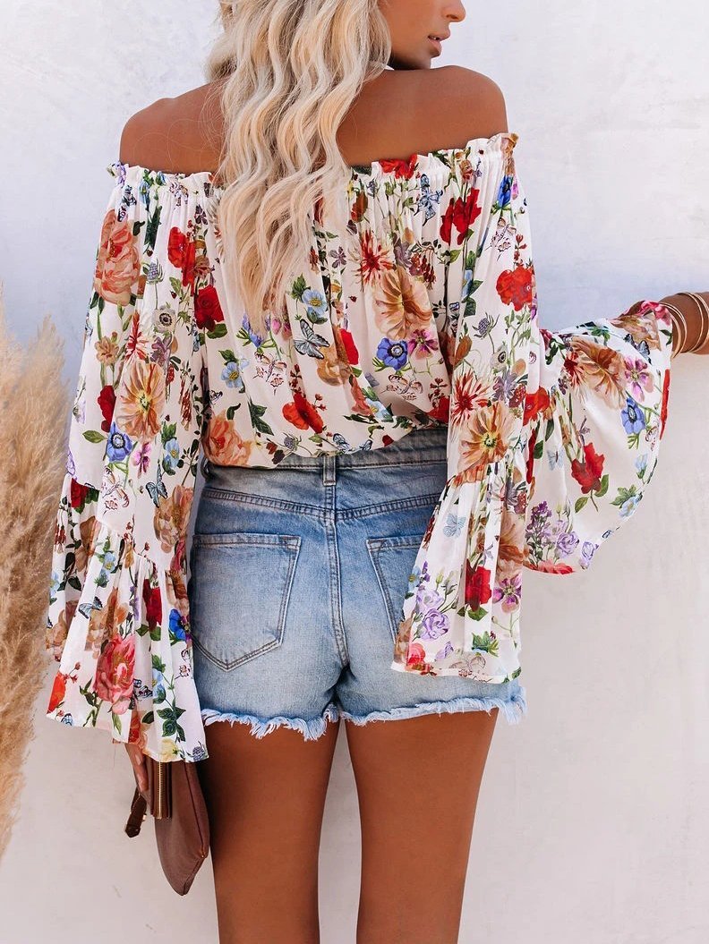 Floral Print One-shoulder Flared Sleeve Top - LuckyFash™