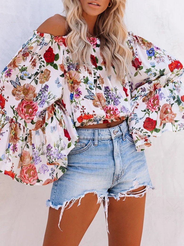 Floral Print One-shoulder Flared Sleeve Top - LuckyFash™