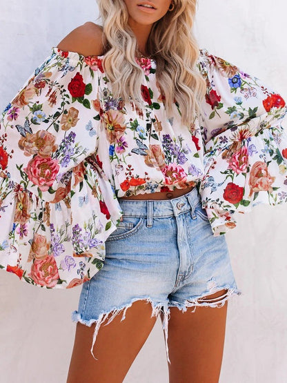 Floral Print One-shoulder Flared Sleeve Top - LuckyFash™
