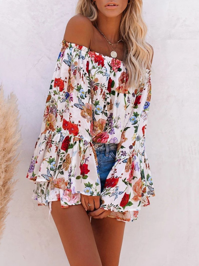 Floral Print One-shoulder Flared Sleeve Top - LuckyFash™