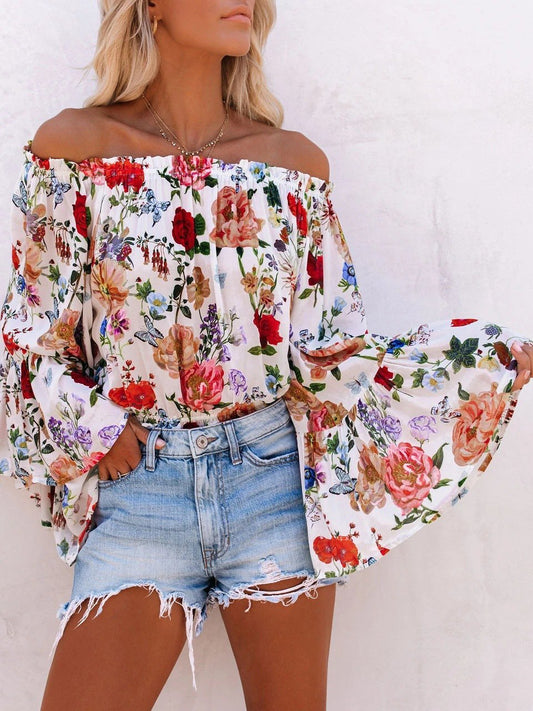 Floral Print One-shoulder Flared Sleeve Top - LuckyFash™