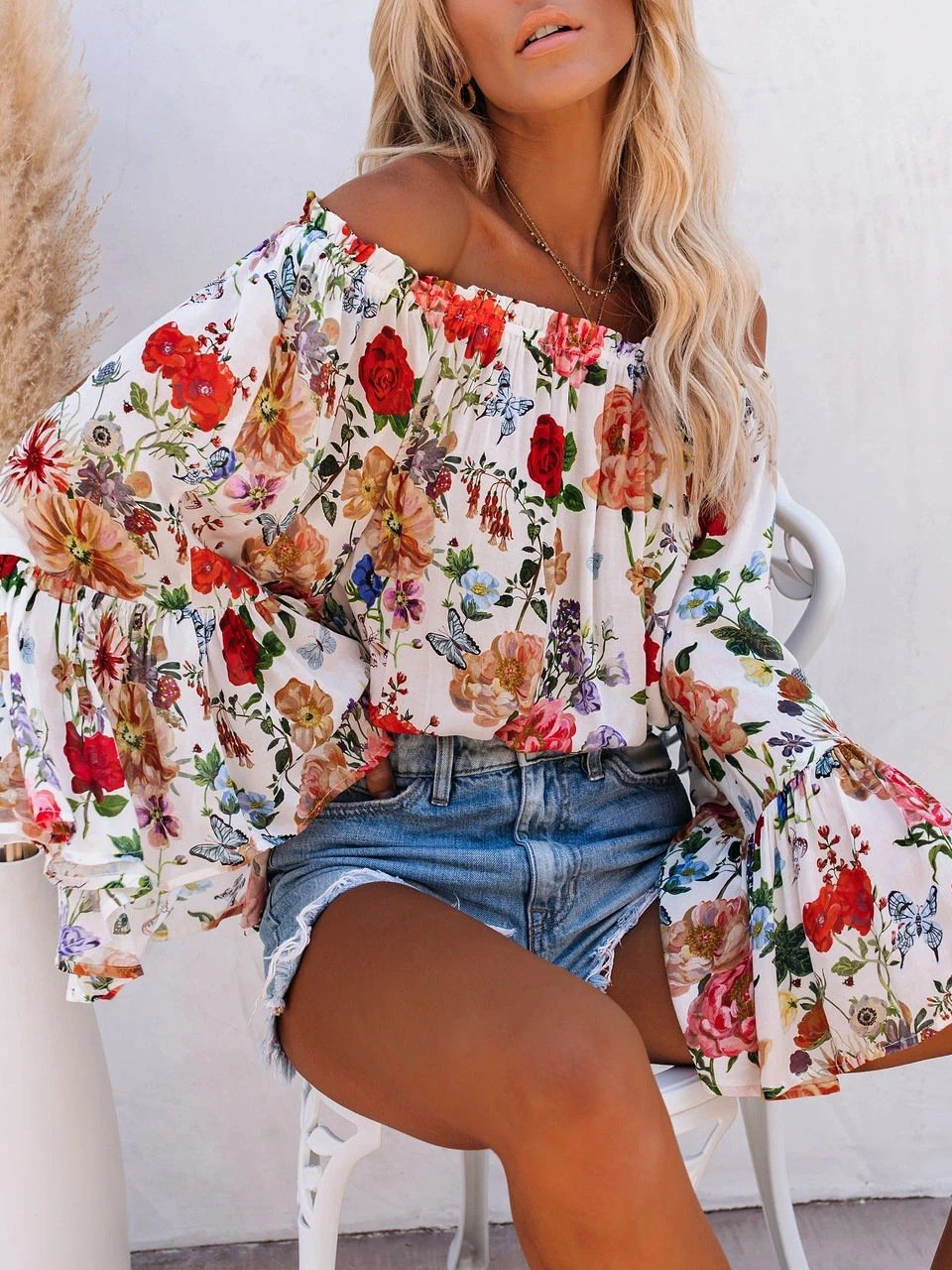 Floral Print One-shoulder Flared Sleeve Top - LuckyFash™