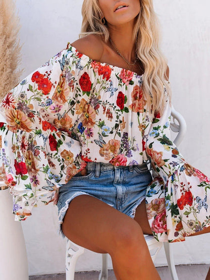 Floral Print One-shoulder Flared Sleeve Top - LuckyFash™
