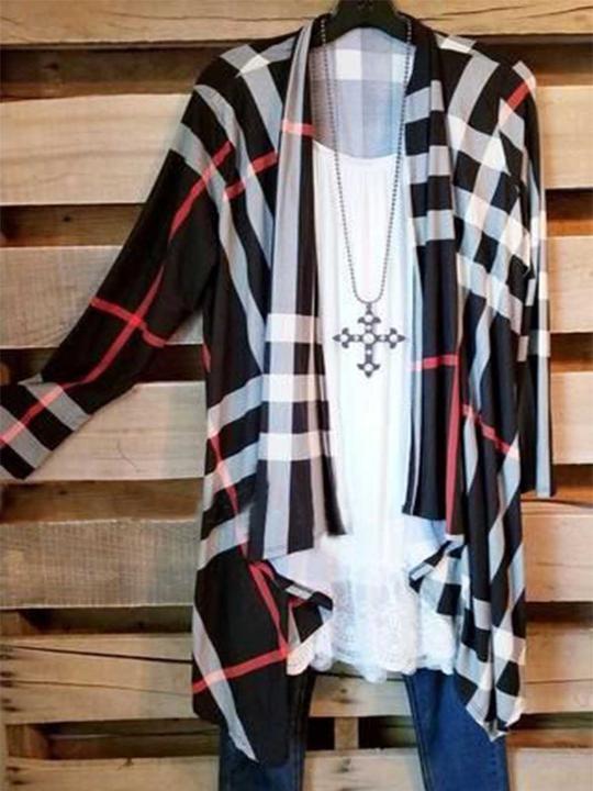 Floral-Print Plaid Long Sleeve Outerwear - LuckyFash™