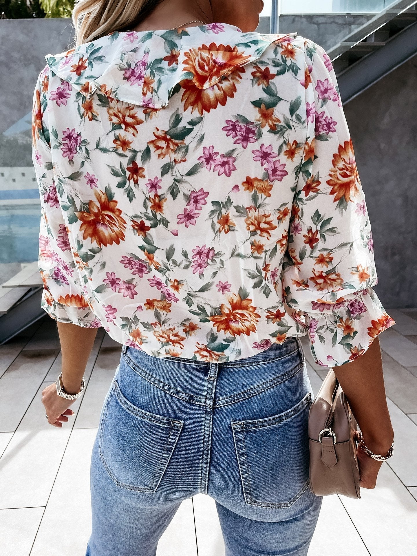 Floral Print Pleated Long Sleeve Blouses - LuckyFash™