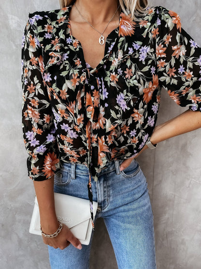 Floral Print Pleated Long Sleeve Blouses - LuckyFash™