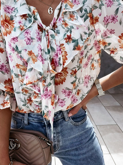 Floral Print Pleated Long Sleeve Blouses - LuckyFash™