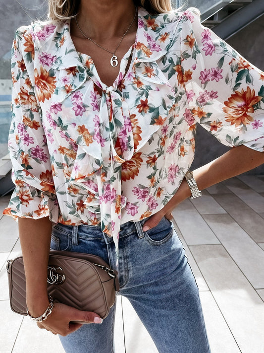 Floral Print Pleated Long Sleeve Blouses - LuckyFash™