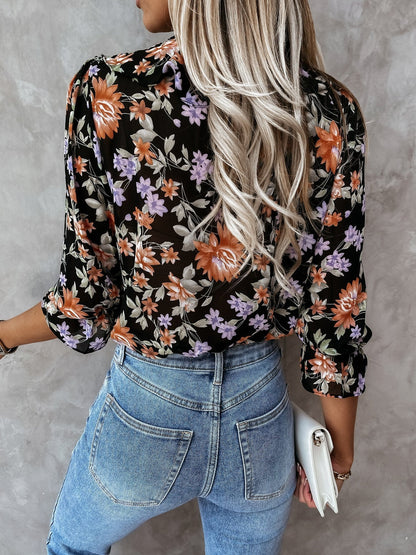 Floral Print Pleated Long Sleeve Blouses - LuckyFash™