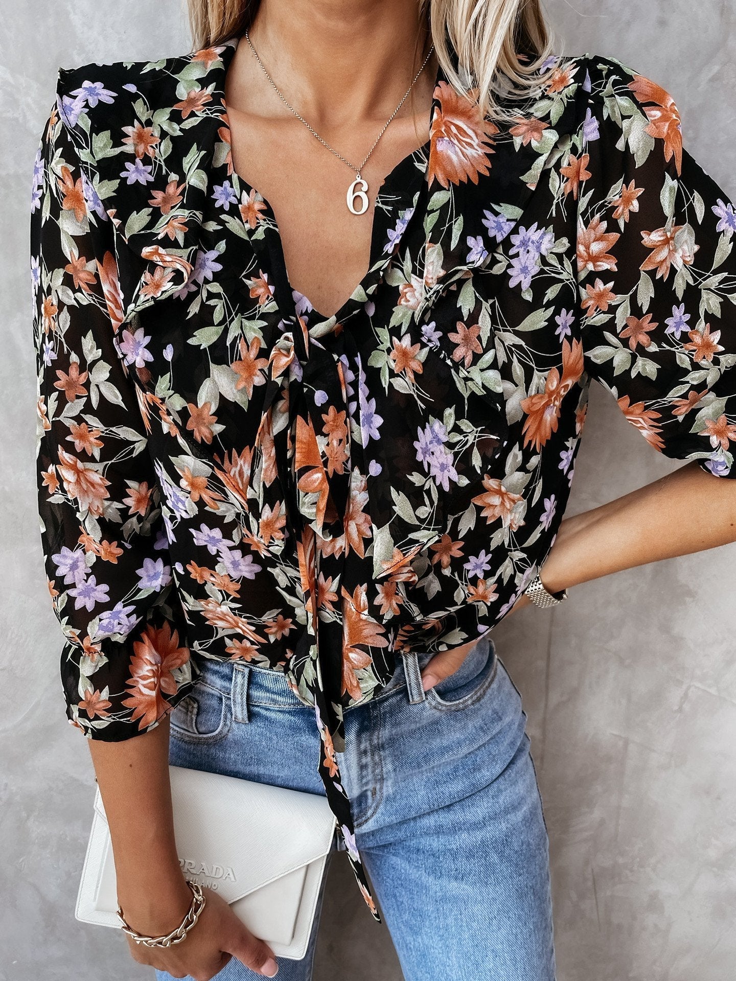 Floral Print Pleated Long Sleeve Blouses - LuckyFash™