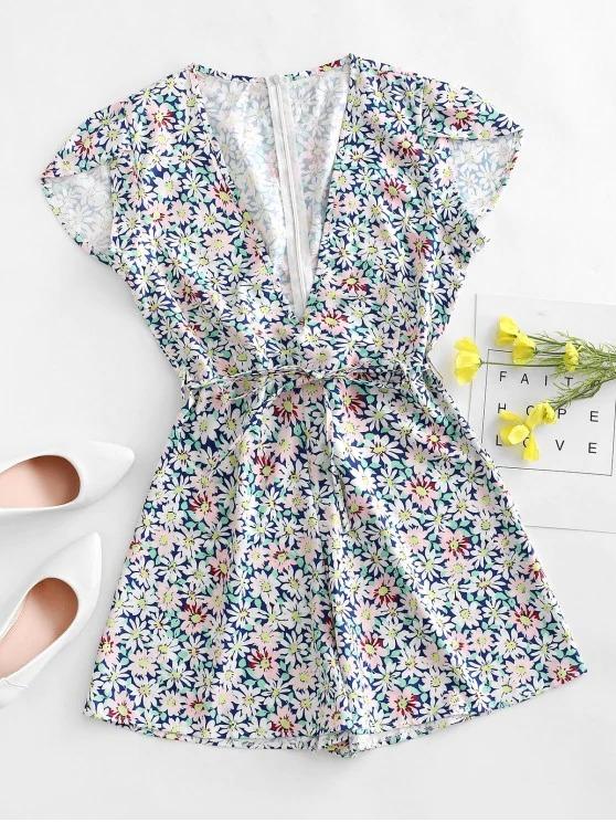 Floral Print Plunge Neck Belted Romper - LuckyFash™