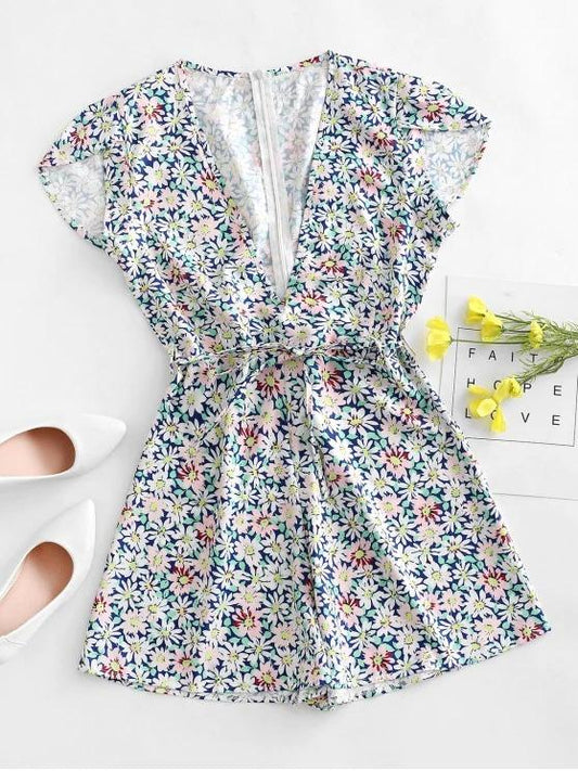 Floral Print Plunge Neck Belted Romper - LuckyFash™