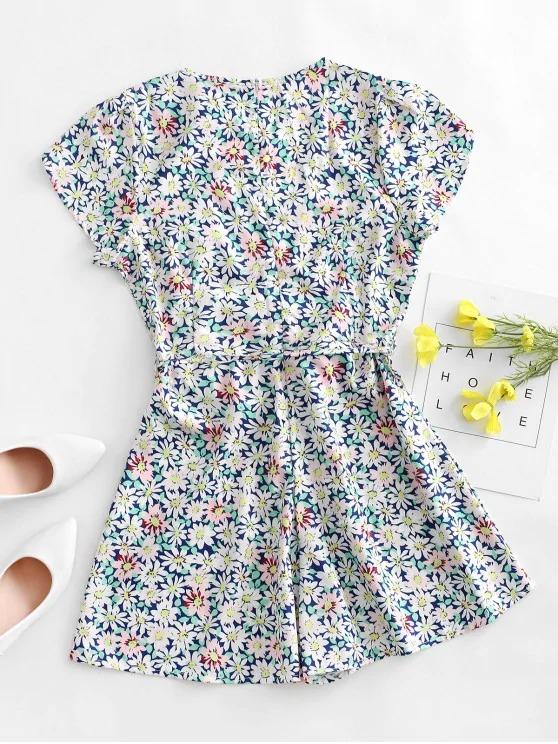 Floral Print Plunge Neck Belted Romper - LuckyFash™