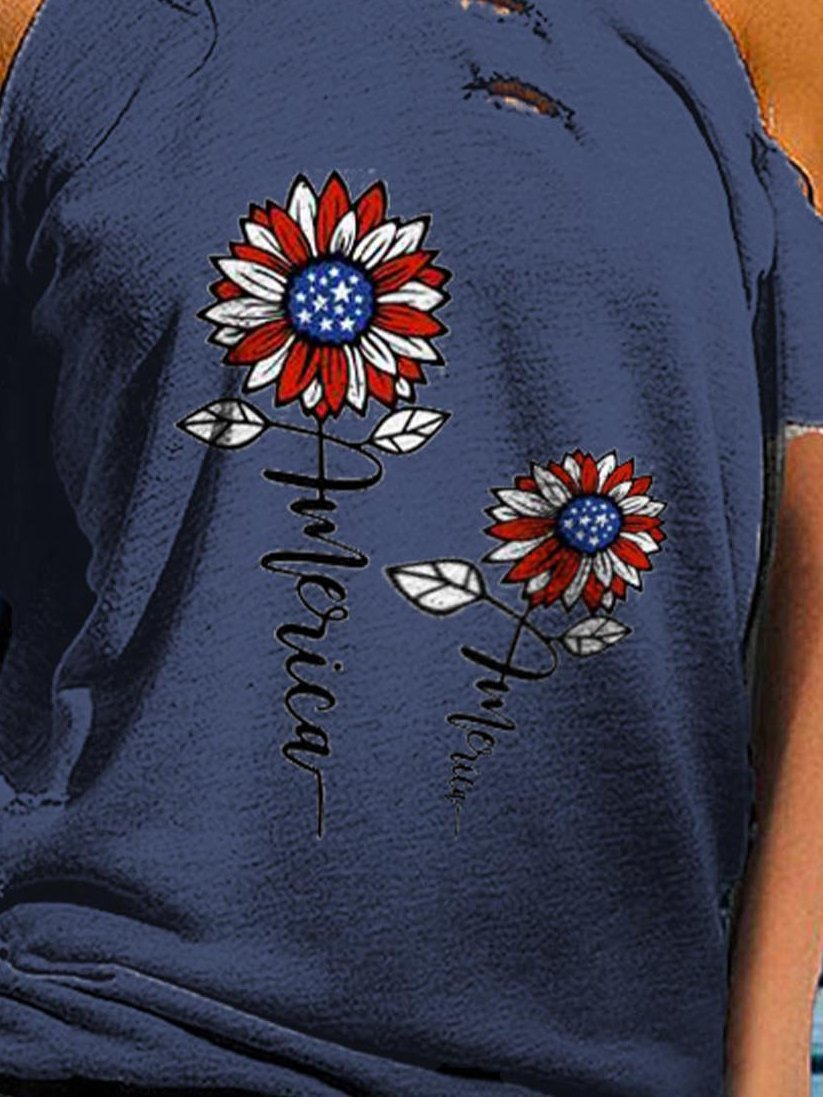 Floral Print Round Neck Off Shoulder Short Sleeve T-shirt - LuckyFash™