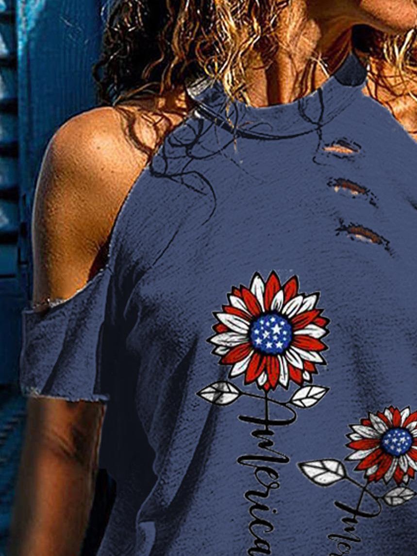 Floral Print Round Neck Off Shoulder Short Sleeve T-shirt - LuckyFash™