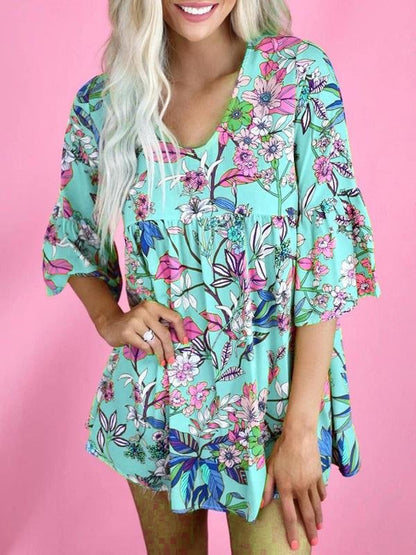 Floral Print Round Neck Short Sleeve Loose T-shirt - LuckyFash™