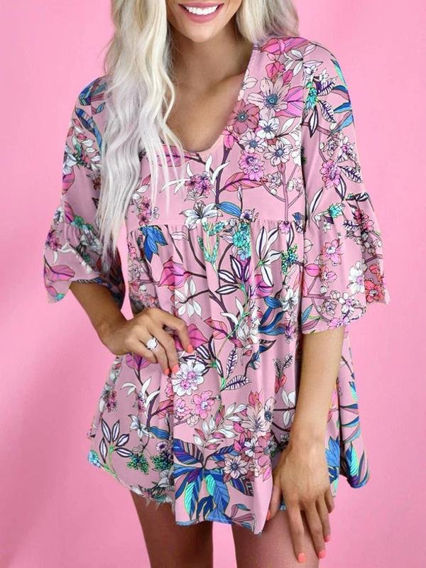 Floral Print Round Neck Short Sleeve Loose T-shirt - LuckyFash™