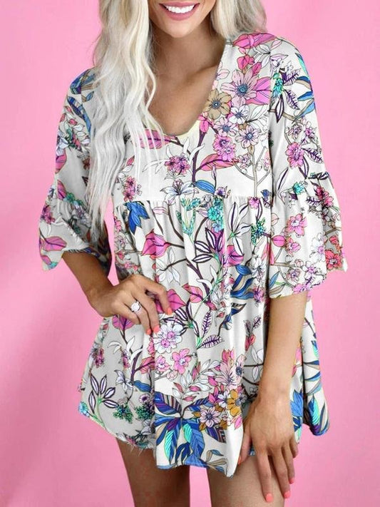Floral Print Round Neck Short Sleeve Loose T-shirt - LuckyFash™
