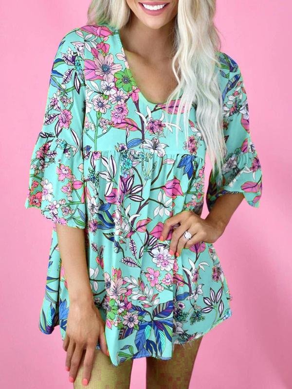 Floral Print Round Neck Short Sleeve Loose T-shirt - LuckyFash™