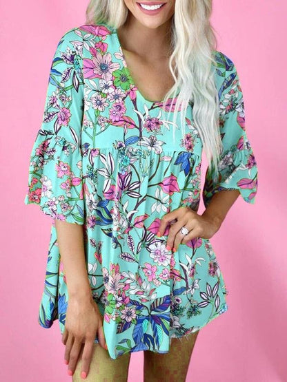 Floral Print Round Neck Short Sleeve Loose T-shirt - LuckyFash™
