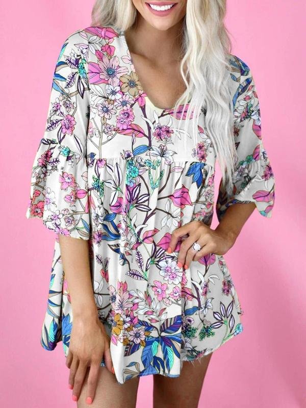 Floral Print Round Neck Short Sleeve Loose T-shirt - LuckyFash™