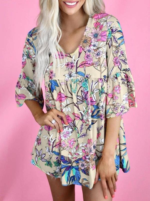 Floral Print Round Neck Short Sleeve Loose T-shirt - LuckyFash™