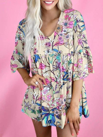 Floral Print Round Neck Short Sleeve Loose T-shirt - LuckyFash™