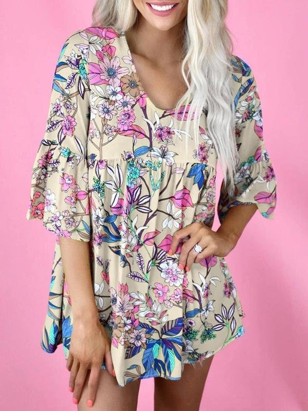 Floral Print Round Neck Short Sleeve Loose T-shirt - LuckyFash™