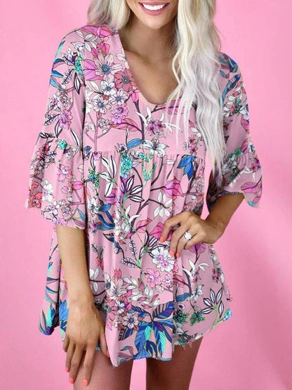 Floral Print Round Neck Short Sleeve Loose T-shirt - LuckyFash™