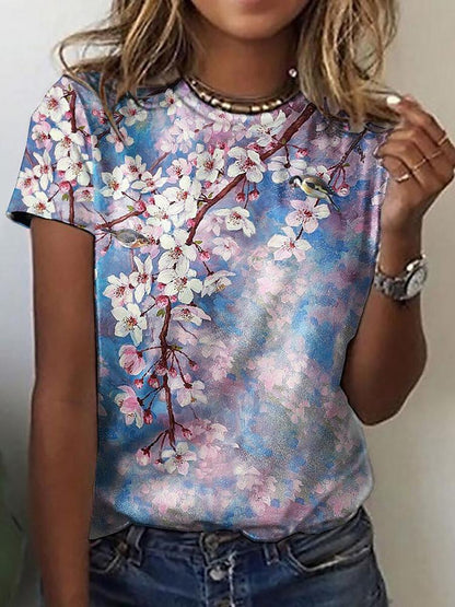 Floral Print Round Neck Short Sleeve T-Shirt - LuckyFash™