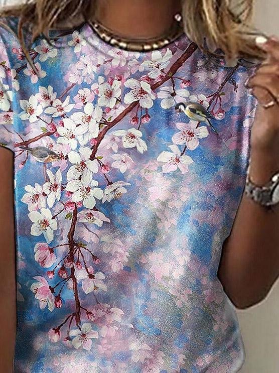 Floral Print Round Neck Short Sleeve T-Shirt - LuckyFash™