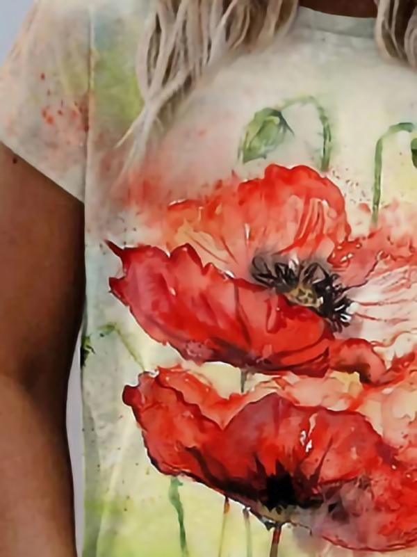 Floral Print Round Neck Short Sleeve T-shirt - LuckyFash™