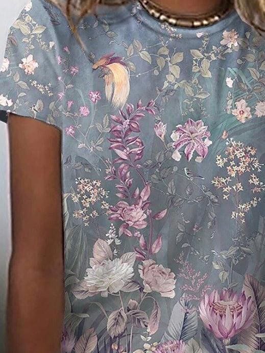 Floral Print Round Neck Short Sleeve T-Shirt - LuckyFash™