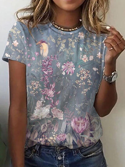 Floral Print Round Neck Short Sleeve T-Shirt - LuckyFash™