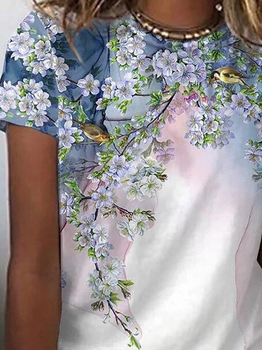 Floral Print Round Neck Short Sleeve T-Shirt - LuckyFash™