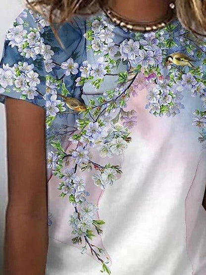 Floral Print Round Neck Short Sleeve T-Shirt - LuckyFash™