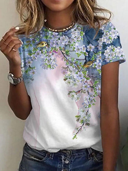 Floral Print Round Neck Short Sleeve T-Shirt - LuckyFash™
