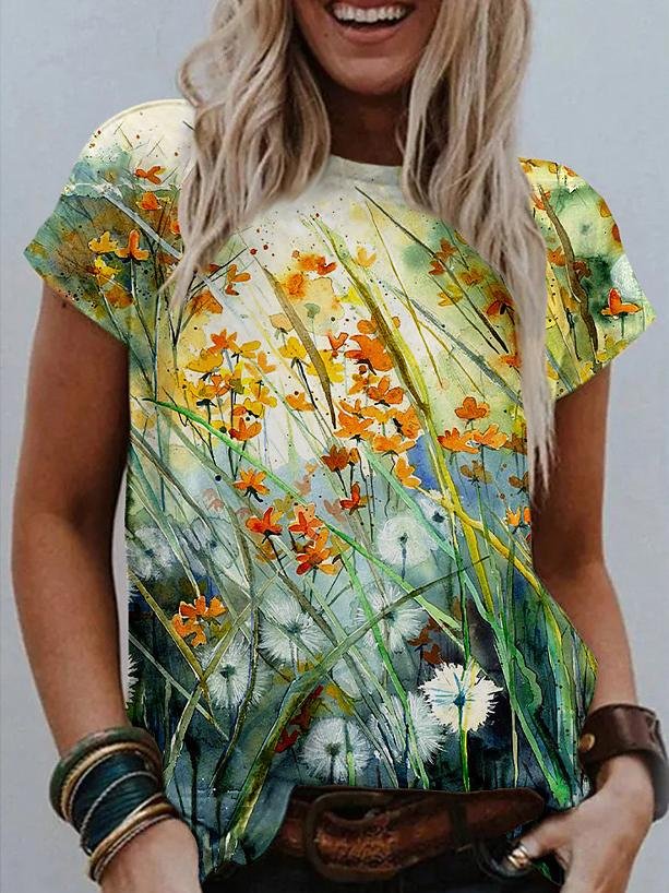 Floral Print Round Neck Short Sleeve T-shirt - LuckyFash™