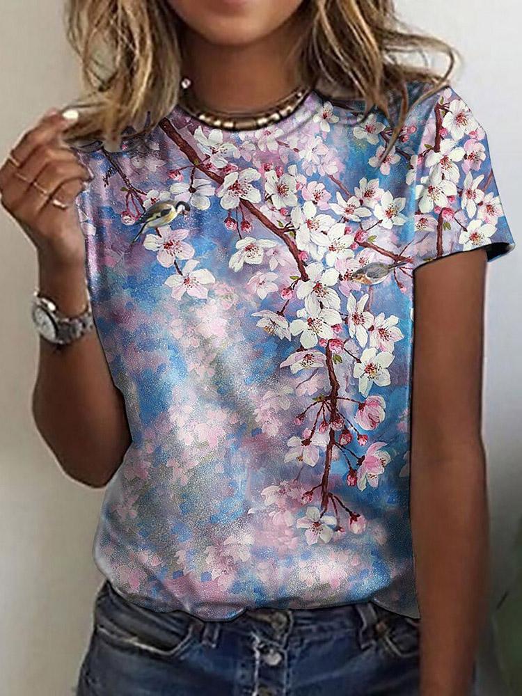 Floral Print Round Neck Short Sleeve T-Shirt - LuckyFash™