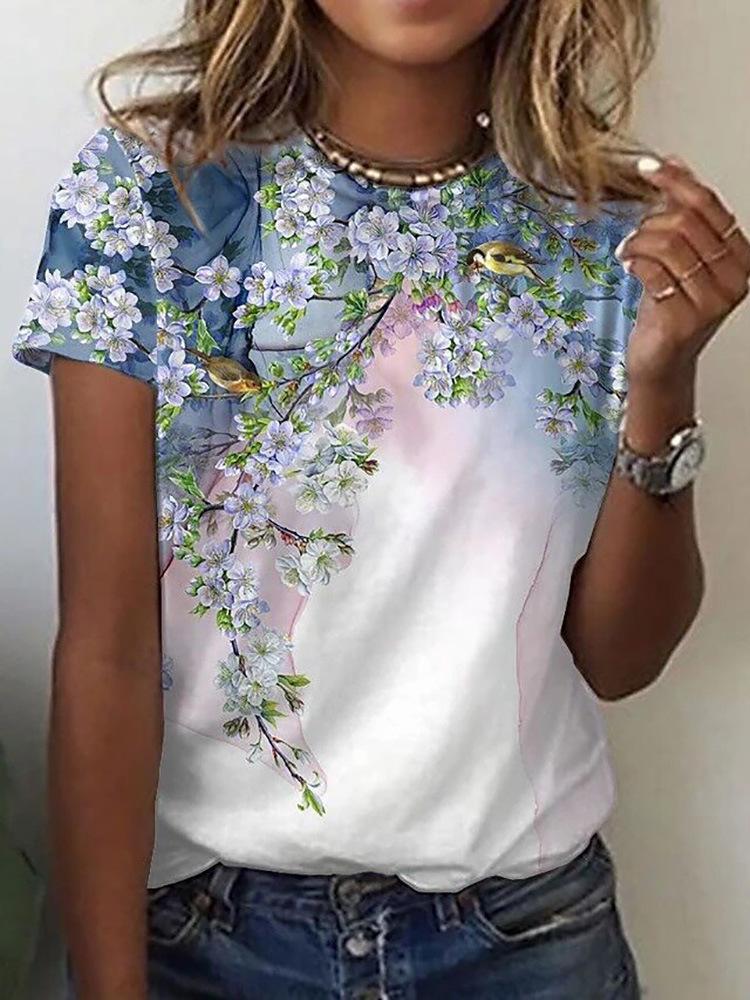 Floral Print Round Neck Short Sleeve T-Shirt - LuckyFash™