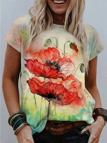 Floral Print Round Neck Short Sleeve T-shirt - LuckyFash™