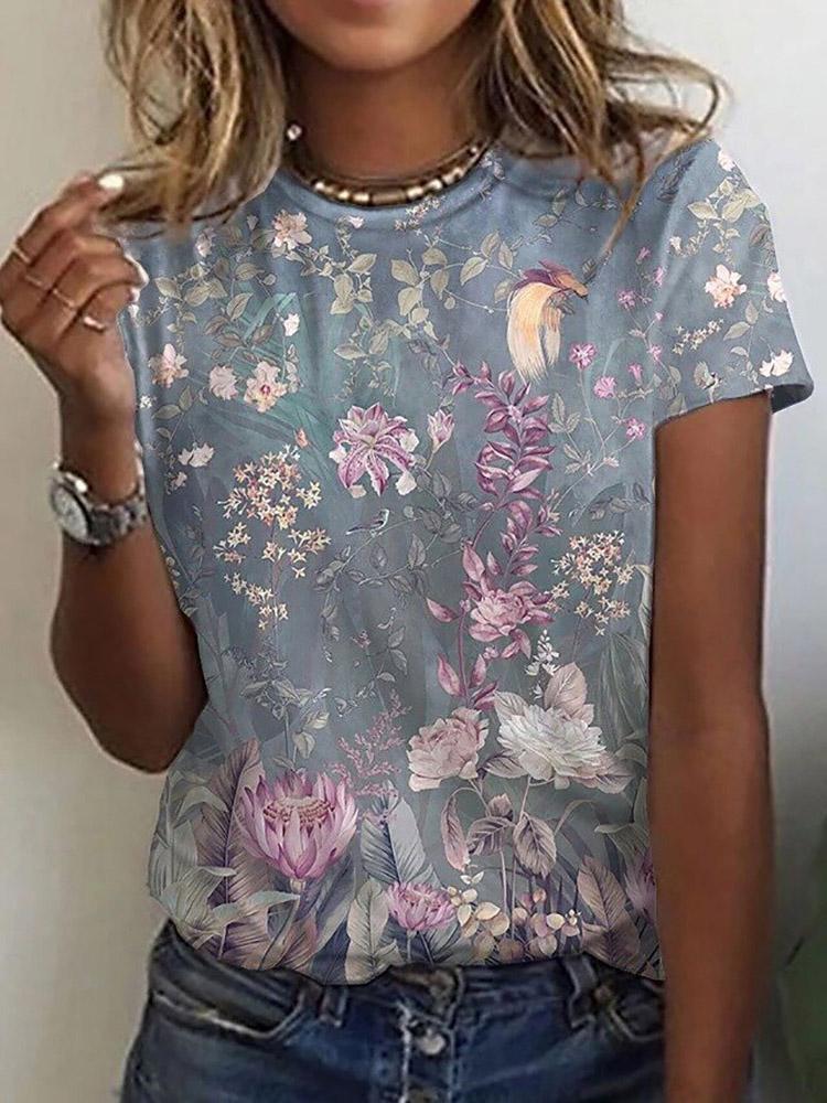 Floral Print Round Neck Short Sleeve T-Shirt - LuckyFash™