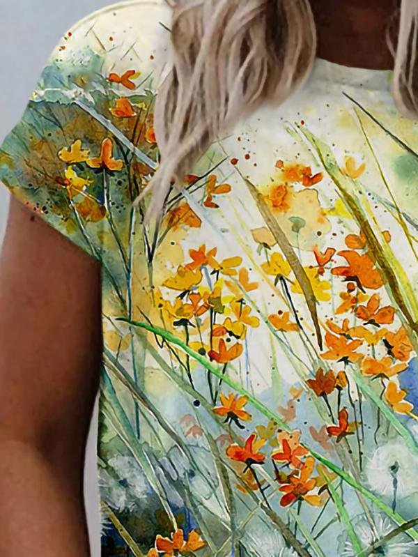 Floral Print Round Neck Short Sleeve T-shirt - LuckyFash™
